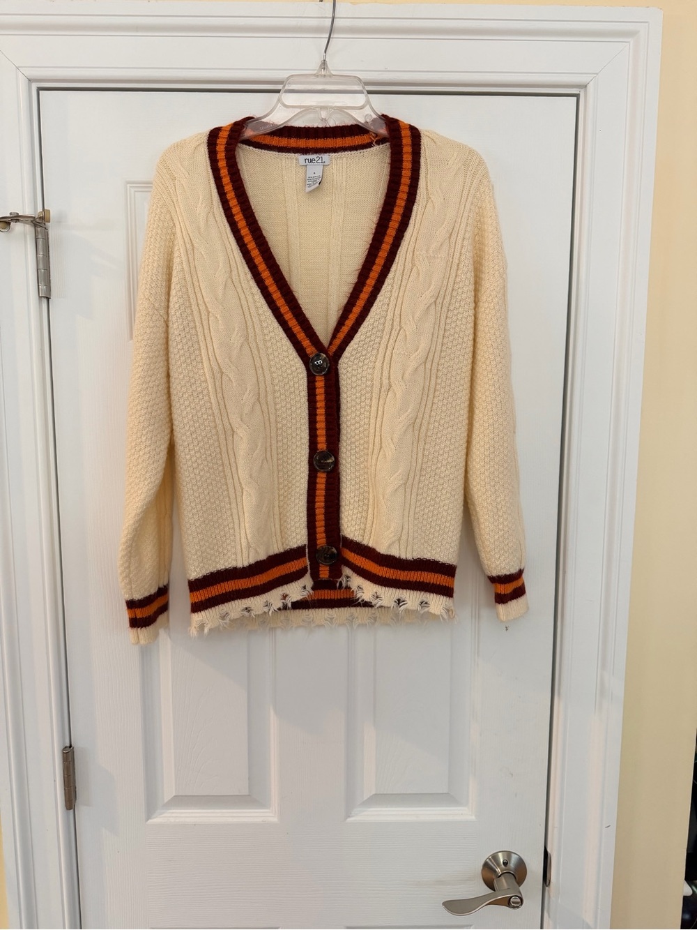 Ladies Size Small "Rue21" Cream Cardigan DESTROY Brown & Rust Striped Trim GUC